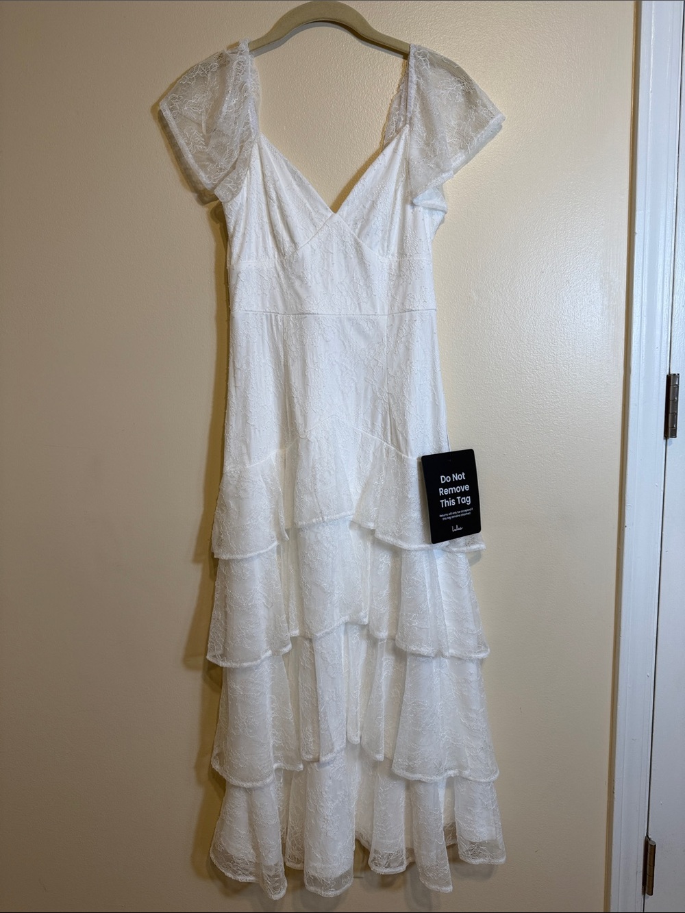 Lulu’s Graceful Darling White Lace Flutter Sleeve Tiered Midi Dress